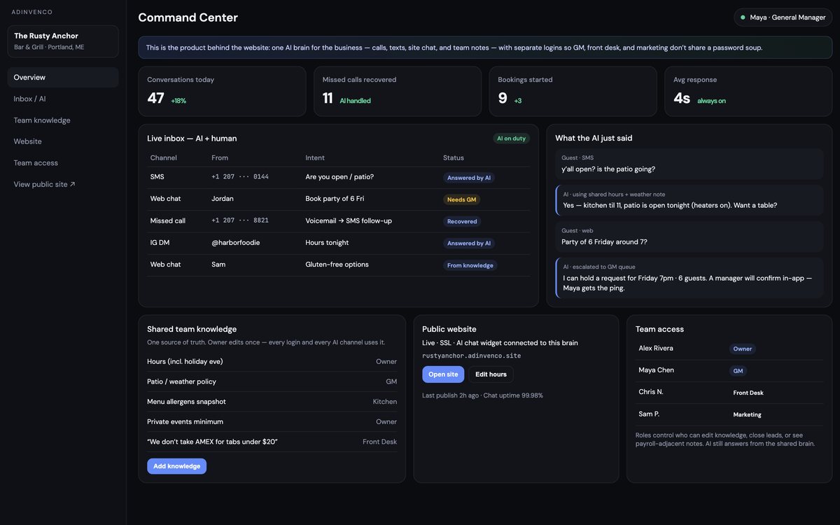 Command Center business AI dashboard with a live inbox, AI replies, shared team knowledge and role-based access