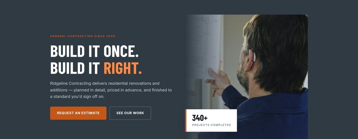 Example website for Ridgeline Contracting, showing a project hero, services and an estimate form