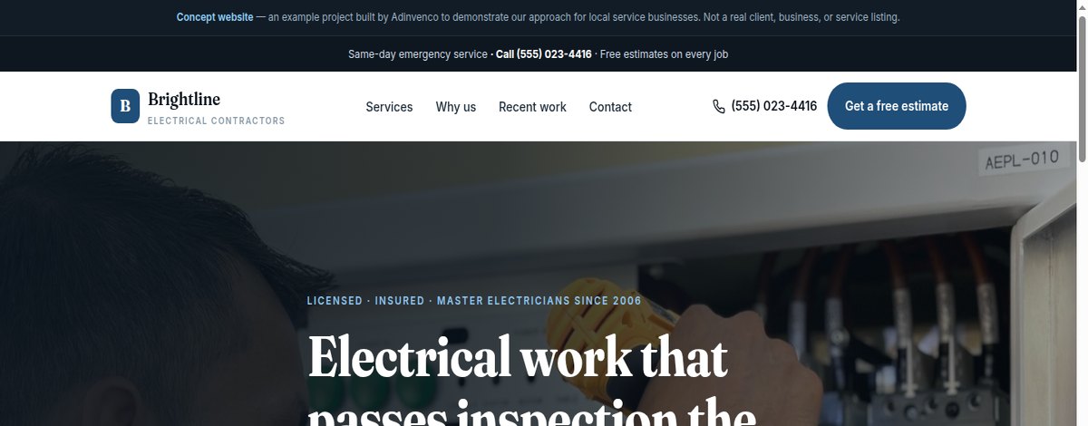 Example website for Brightline Electrical, showing an electrical panel hero, service cards and an estimate form