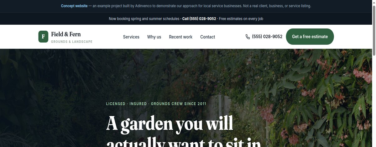Example website for Field and Fern Landscaping, showing a garden hero, service cards and an estimate form