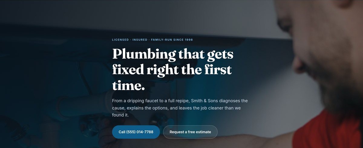 Example website for Smith and Sons Plumbing, showing a hero, service cards and a quote form