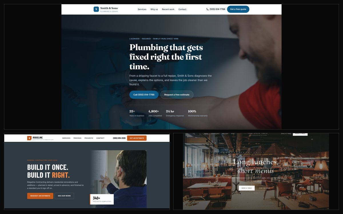 Three example websites built for a plumber, a general contractor and a restaurant