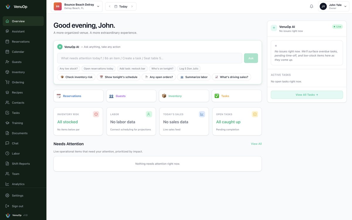 VenuOp operations dashboard showing reservations, inventory, tasks and the venue AI assistant
